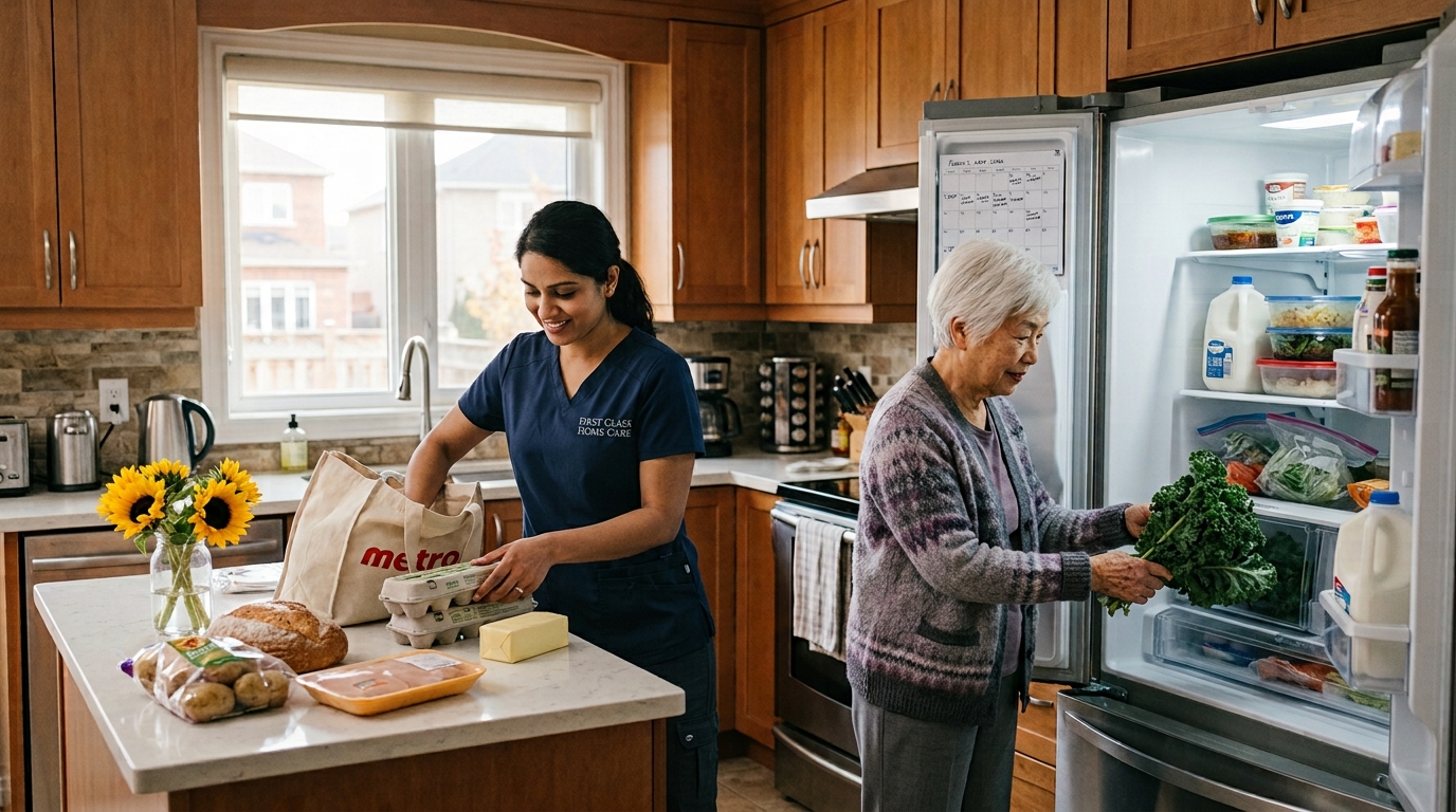 A caregiver and an older woman putting away groceries together in a home kitchen.