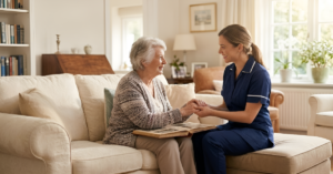 Senior woman and caregiver sitting together at home in Mississauga.