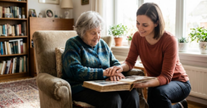 Caregiver and senior woman looking through photo album together at home in Mississauga