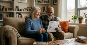 Senior couple reviewing retirement financial documents together at home in Ontario