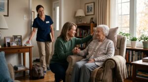 Family helping senior parent transition home from hospital with caregiver support in Ontario