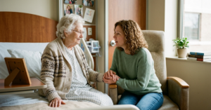 Family discussing long-term care and home care options while parent waits in hospital in Ontario.