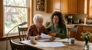 Family reviewing home care and financial options for aging parent in Ontario