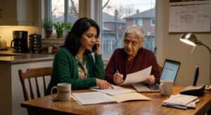 Two women reviewing home care paperwork and making a phone call at a kitchen table.