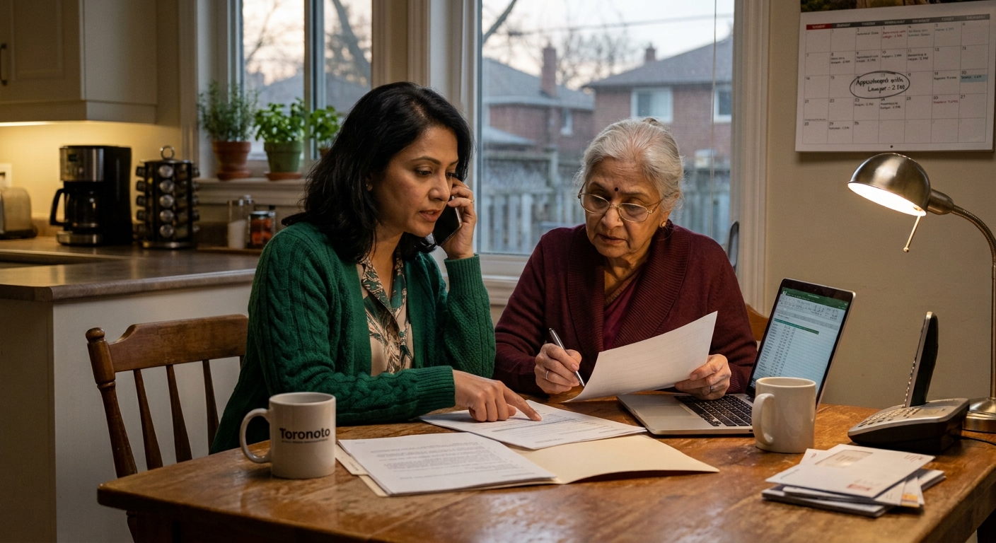 Two women reviewing home care paperwork and making a phone call at a kitchen table.