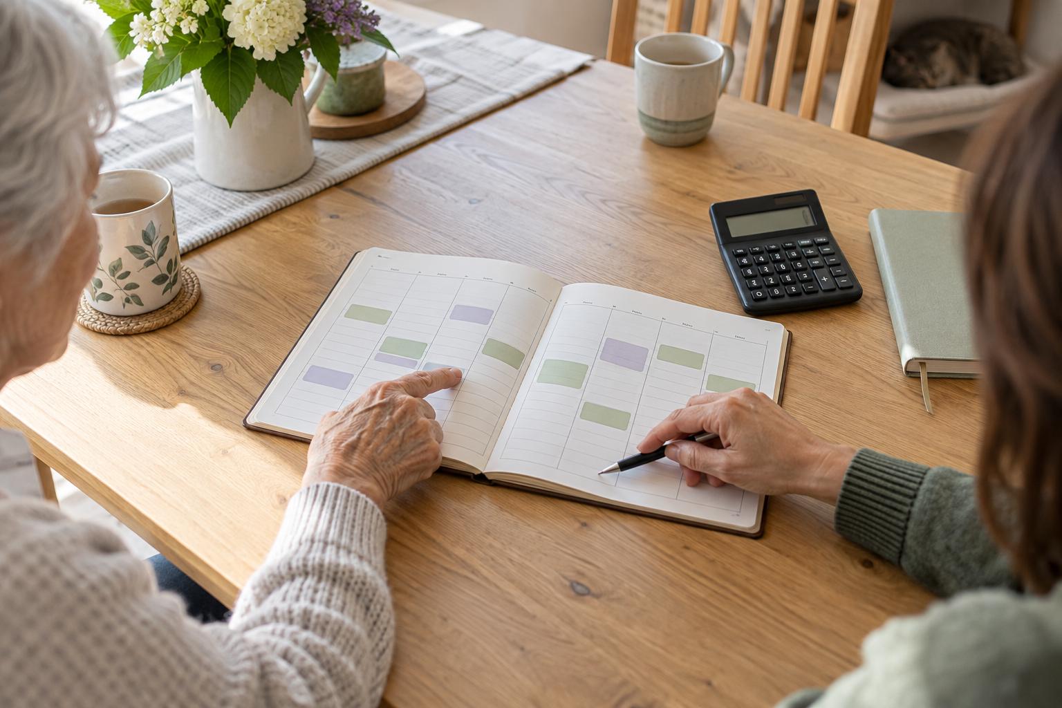 Older adult and family member reviewing a weekly care planner with a calculator on the table.