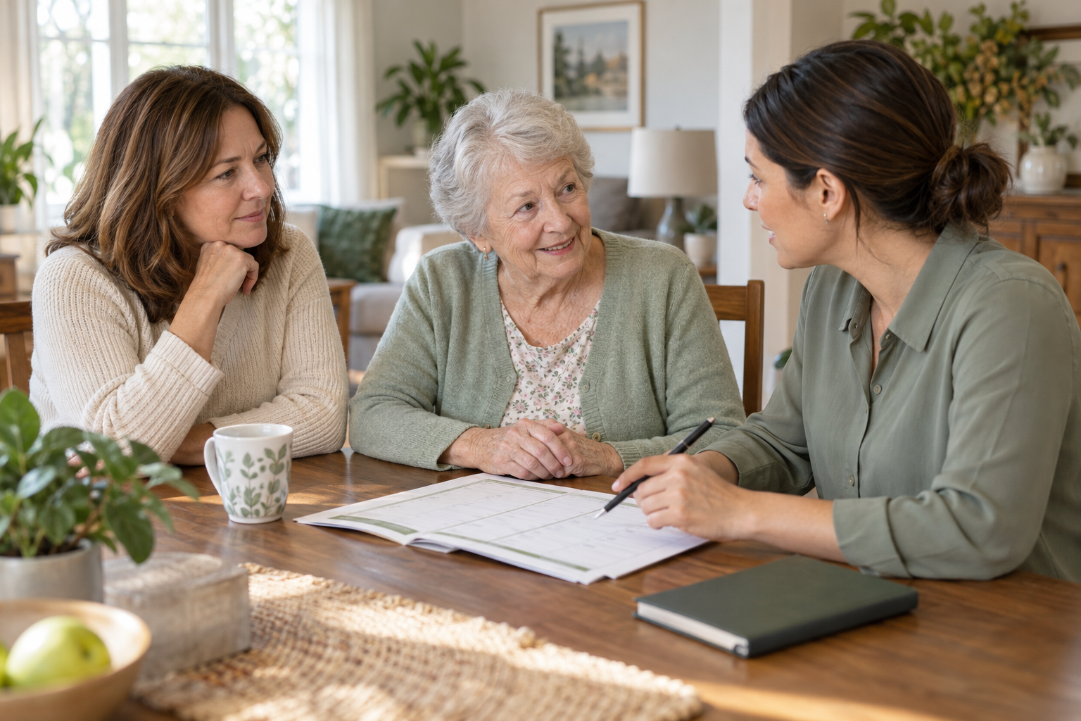 Older woman discussing a weekly home care plan with a family member and caregiver at home.